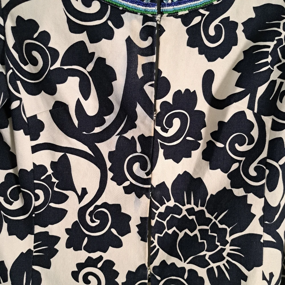 Tory‎ Burch Beaded Collar Floral Print Jacket Navy White Blue Green Women Size 6